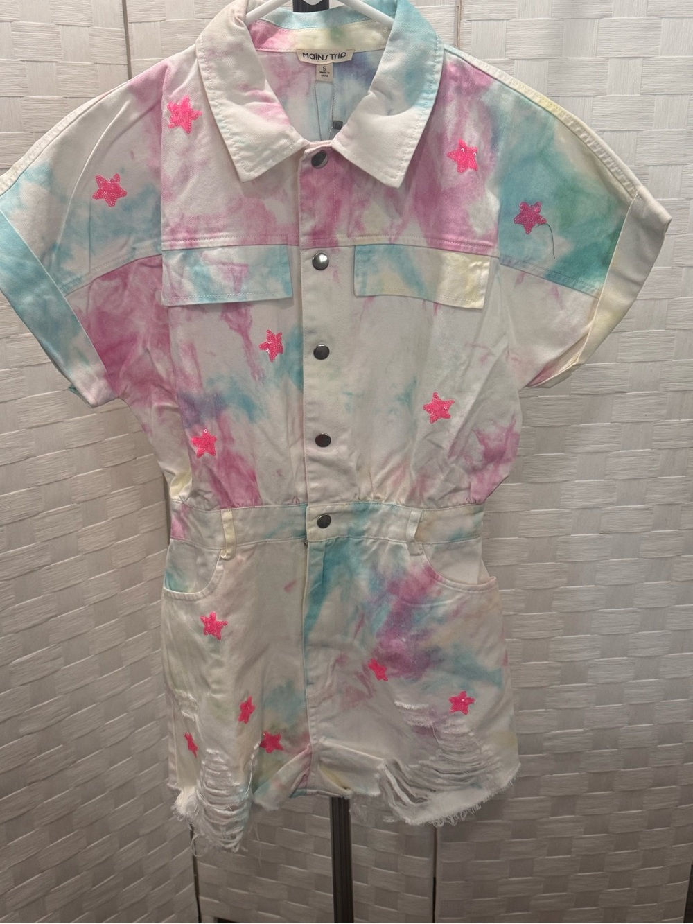 MainStrip Tie-Dye Button Front Star Denim Romper - Pink/Blue/Yellow
